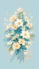 The image portrays a beautiful cluster of white flowers artistically rendered on a serene blue canvas, evoking a sense of peace