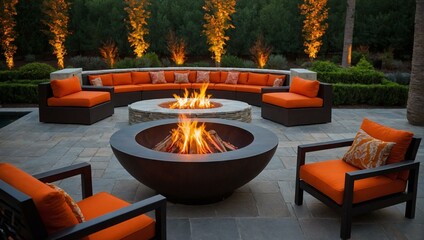Inviting outdoor space featuring a fire pit surrounded by a curved seating area amidst a beautiful garden - obrazy, fototapety, plakaty