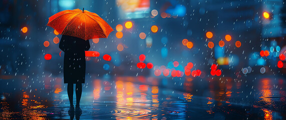 woman with red umbrella under the rain, AI generated