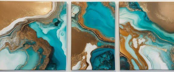 Three-panel set depicting an elegant flow of turquoise and gold, reminiscent of ocean waves and sandy shores - obrazy, fototapety, plakaty