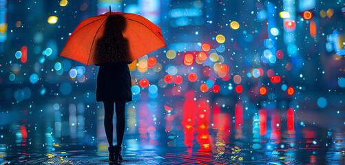 woman with red umbrella under the rain, AI generated - 784643974