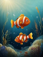 Two bright orange clownfish with white stripes swimming among coral reefs under the shimmering sunlight in the ocean - obrazy, fototapety, plakaty