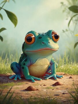 Highly detailed illustrative image of a frog with big, expressive eyes sitting calmly in a natural setting