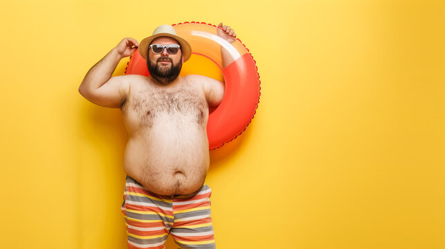 Happy overweight man in sunglasses and striped shorts, over yellow background with copy space area