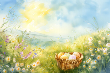Watercolor illustration in the style of children's drawings with a basket with Easter eggs on a natural background with grass and flowers. Lots of negative space. Easter background. - 784644787
