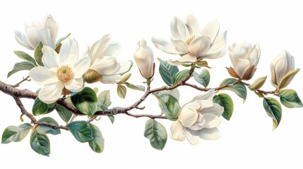 Delicate Curved Magnolia Branch on White Background Generative AI