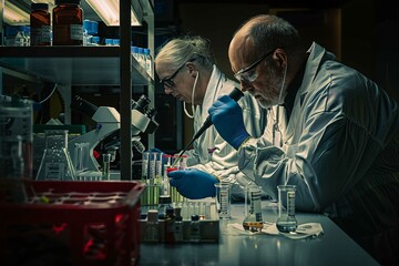 A diverse group of professionals wearing lab coats and safety goggles working together on various experiments and analyzing data in a modern laboratory setting
