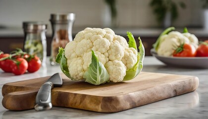 A selection of fresh vegetable: cauliflower, sitting on a chopping board against blurred kitchen...