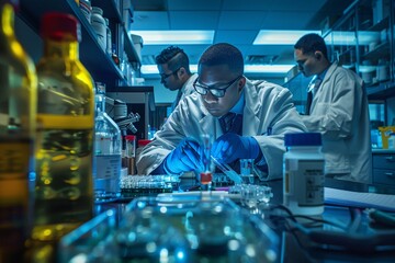 Obraz premium A diverse group of professionals wearing lab coats and safety goggles working together on various experiments and analyzing data in a modern laboratory setting