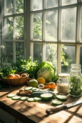 a wooden countertop is adorned with a vibrant array of fresh vegetables and fruits, arranged meticulously around an empty jar and salad bowl
