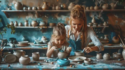 Fotobehang A woman and a little girl are making pottery in a messy room © ศิริธัญญา ตันสกุล