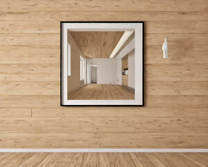 Mirror on wooden wall showing Minimalistic Interior with Wooden Wall and Framed Mirror
