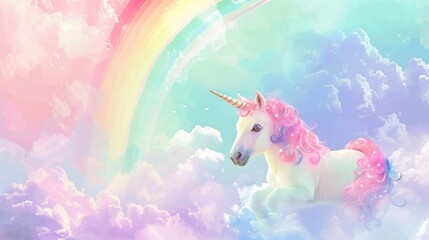 Unicorn with Luminous Mane and Horn under a Vibrant Rainbow in a Pastel Sky, Watercolor