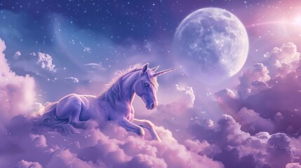 Serene Unicorn Resting on Clouds Under a Starry Sky with a Full Moon Above, Watercolor