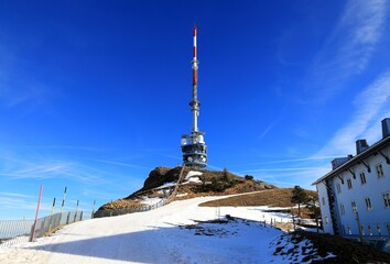 Transmission tower on the summit of Mount Rigi. Swiss Alps, Switzerland, Europe.