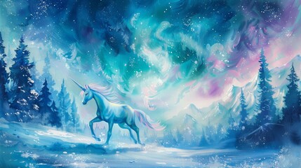 Unicorn Trotting in a Winter Wonderland with Northern Lights and Pine Forest, Watercolor