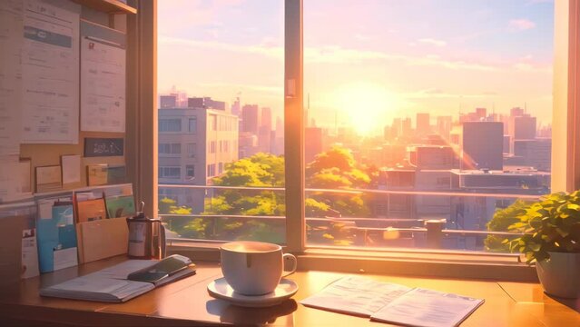 study in the room with a beautiful view from the window. Japanese cartoon or anime illustration style. 4K video animation background