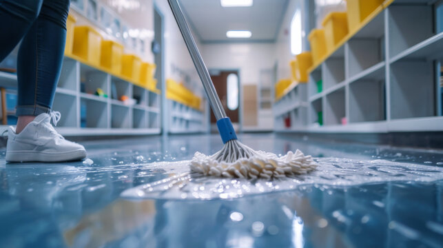 Close-up on the mop. Person cleaning a school, the person should be using a mop to clean the floor