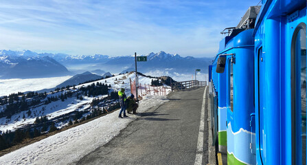 Cog railway station on the summit of Mount Rigi. Swiss Alps, Switzerland, Europe.