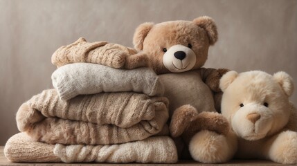 Warm and soft teddy bears resting on a pile of fluffy towels, conveying a sense of comfort and homeliness