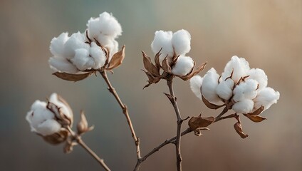 Close-up of a fluffy cotton plant with several bolls against a soft, serene outdoor background