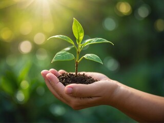 A hopeful image of a hand cradling a young plant against a sunlit backdrop, symbolizing growth and sustainability