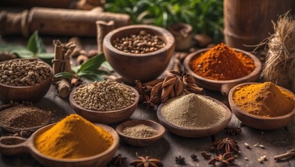 An assortment of colorful spices presented in wooden bowls, depicting flavors and culinary diversity