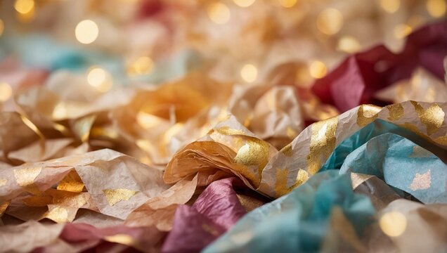 An elegant background of soft crinkled tissue paper mixed with shiny golden stars, suggesting celebration and luxury