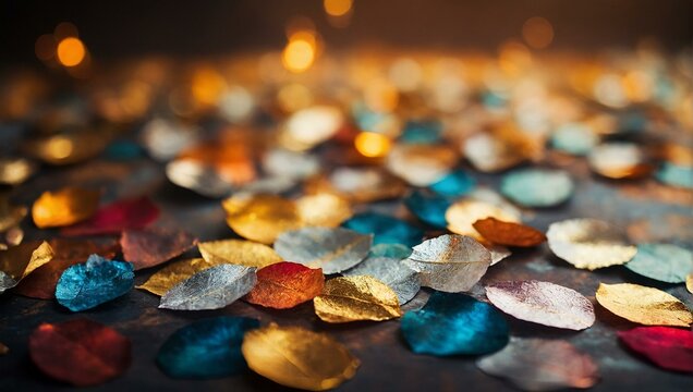 Focus on metallic painted leaves scattered on a dark backdrop with a bokeh effect, conveying a celebration theme