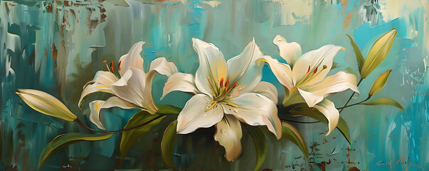 Oil painting with white lily flowers. generative ai
