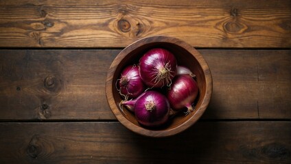 Fototapeta na wymiar A rustic image showcasing a wooden bowl filled with plump purple onions against a dark wooden background