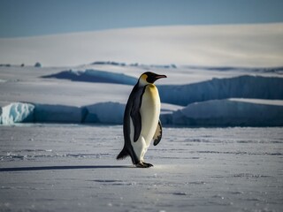 Fototapeta premium A majestic Emperor Penguin stands tall on the icy terrain of Antarctica with a glacial backdrop