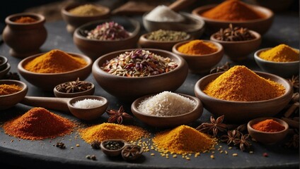 Various spices neatly organized in wooden bowls with a dark moody background highlighting vibrant colors - obrazy, fototapety, plakaty