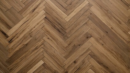 The photo features the detailed and geometric wooden design of herringbone parquet flooring showcasing rich textures