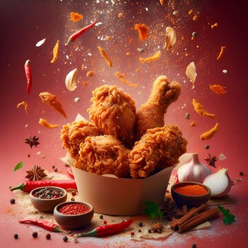 Delicious fried chicken wings mix with spicy ingredients herbs on red background. Fried Chicken getting dropped while being hit with seasonings and spices.