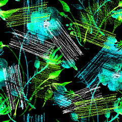 Watercolor seamless pattern, background with a floral pattern. aster, poppy, cornflower,pansies, viola, field or garden flowers. Wild plant, grass. Abstract spots, Stroke, strokes. Fashion background.