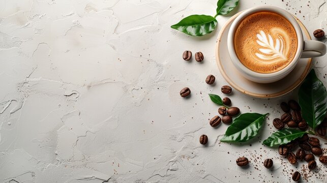 Ad Banner with Logo, Cappuccino, Coffee Beans, and Leaf Motif Generative AI