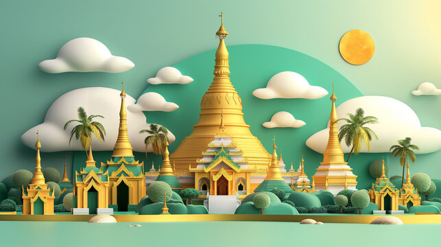 vector of Shwedagon pagoda buddha temple golden pagoda made from gold, famous travel destination landmark in Yangon City of Myanmar or Burma, South East of Asia - Powered by Adobe