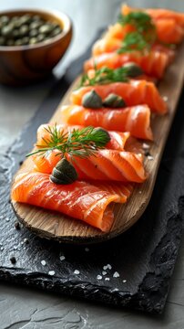 Gourmet Smoked Salmon Canapé on Wooden Spoon Generative AI