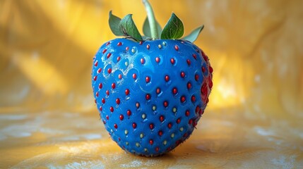 A blue strawberry with chrome stems on a yellow background. This concept has a minimalist style. - obrazy, fototapety, plakaty