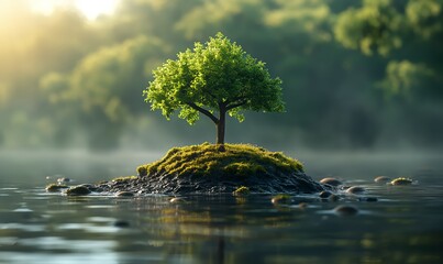 Lonely tree on an island in the lake. - obrazy, fototapety, plakaty