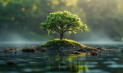 Lonely tree on an island in the lake. - obrazy, fototapety, plakaty