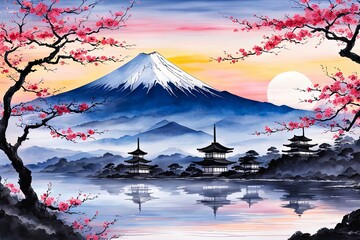 Serene landscape with mountain, pagoda in background. For meditation apps, on covers of books about spiritual growth, in designs for yoga studios, spa salons, illustration for articles on inner peace. - obrazy, fototapety, plakaty