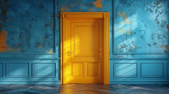 Yellow door on blue room with closed blue door. Minimal creative idea. 3D render.