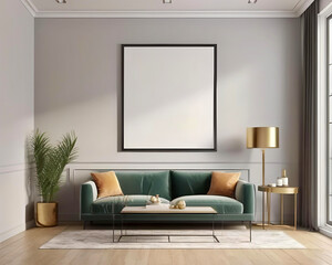 Fototapeta premium Mockup of An elegant living room featuring a green sofa, gold accents, and minimalist decor - frame with copy space