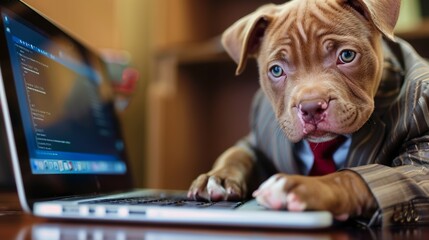 In the midst of a business meeting, an enthusiastic Pitbull puppy in a suit contributes to the conversation, exuding an amusing mixture of professionalism and cuteness