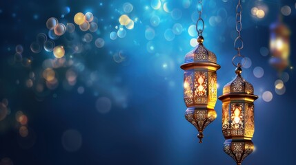 Ramadan Kareem with golden crescent moon, golden lantern, islamic decorative elements template - obrazy, fototapety, plakaty