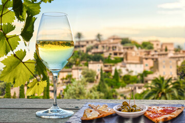 .A glass of white wine with appetizers in front of a Mediterranean background