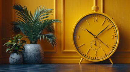 Minimal concept with yellow clock 1.00 pm on background.