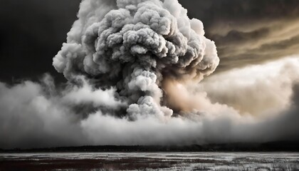 A volcanic eruption with dark smoke and ash clouds into the sky, black and white photography.
